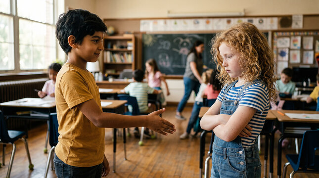 Diverse group of children interacting in an elementary school classroom during recess with genuine emotions and friendship moments