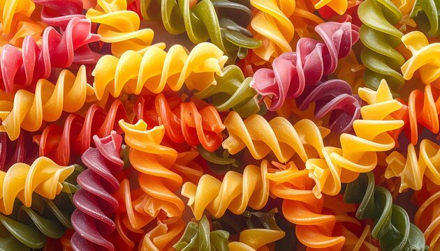 Colorful fusilli pasta in red, orange, yellow, green