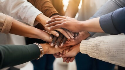 Obraz premium Diverse Hands Stacked in Team Huddle Showing Unity and Teamwork Concept