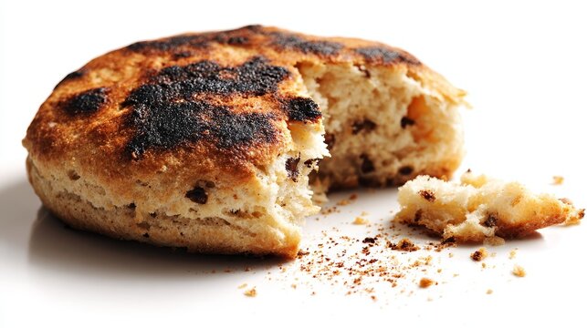 Burned half eaten biscuit with scattered crumbs isolated on white background, showing overcooked snack, food waste concept, damaged baked treat, closeup studio composition
