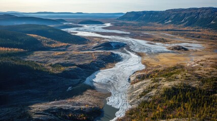 Fototapeta premium Melting Glacier in Flooded Valley Amidst Climate Change