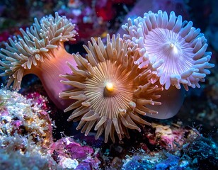 Obraz premium Colorful underwater scene with sea anemones on coral