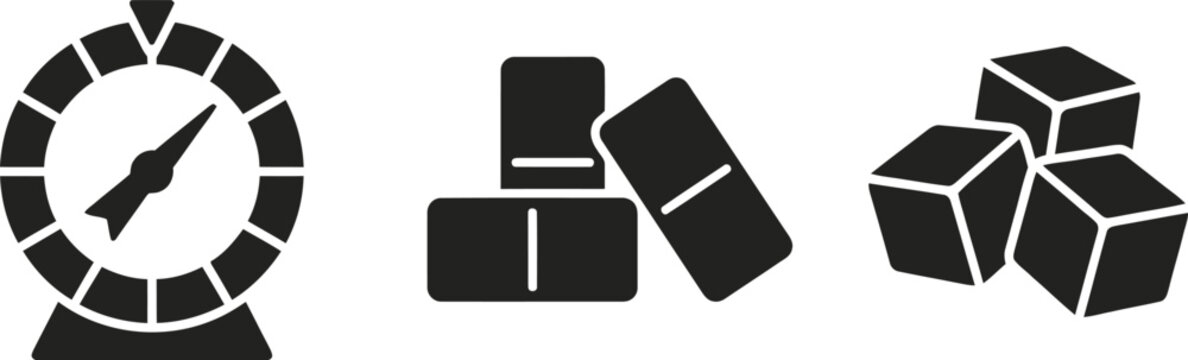 Set of flat board game icons featuring a spinner dial and simple pile of dominoes along with a group of three cubic dice for strategy and tabletop gaming collection.