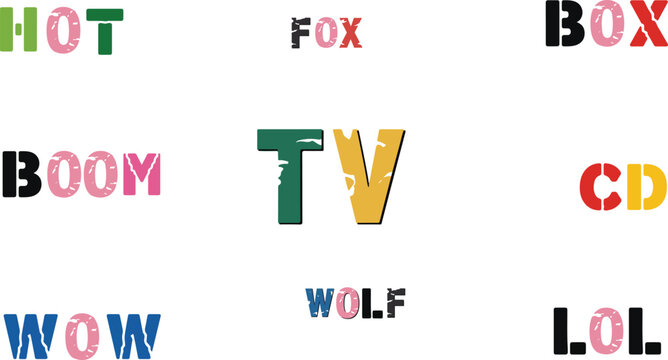 Multicolor typography clip art collection with short decorative alphabet words and internet slang expressions for graphic t shirt printing badge sticker designs