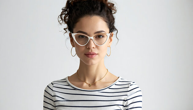 Portrait of a stylish young woman wearing fashionable cat-eye glasses and striped top, looking at camera, studio shot