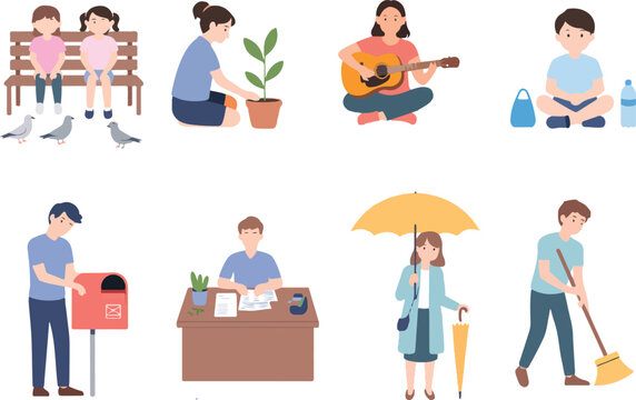 Diverse flat characters bundle showing routine habits including woman walking with umbrella man checking mailbox eating and planting potted green plant