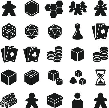 Professional board game icon collection with meeple resource hexes polyhedral dice playing cards coin stacks and various cubes for tabletop game design and layout.