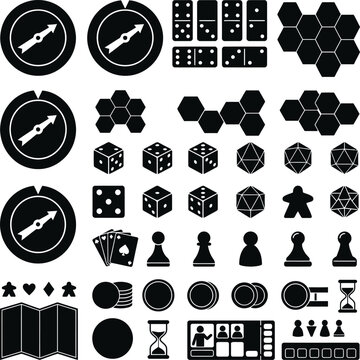 Comprehensive tabletop gaming components vector pack featuring compass needles dominoes hex clusters polyhedral dice player pawns and resource counters for designers.