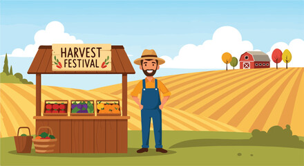 A farmer stands next to a colorful harvest festival stand © Sudariman