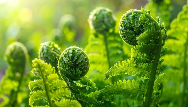 Close-up of vibrant green fiddleheads unfurling in sunlight, showcasing detailed fronds and a natural, verdant ecosystem