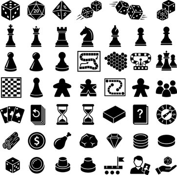 Diverse collection of board game icons including dice polyhedral dice chess pieces game boards meeples cards and hourglass on transparent background.