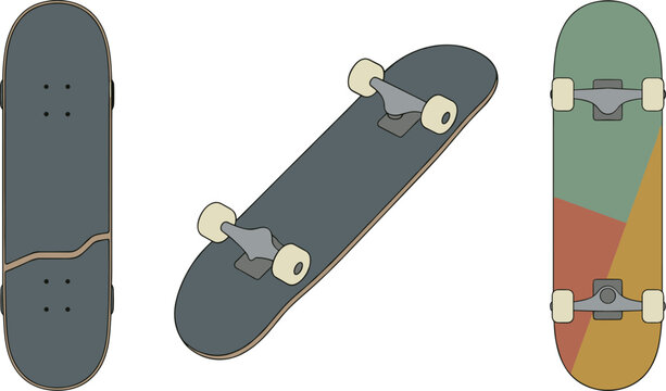 Flat Vector Skateboard Mockup Set Showing Top Perspective and Bottom Views with Retro Geometric Color Block Deck Design for Skate Shop Branding