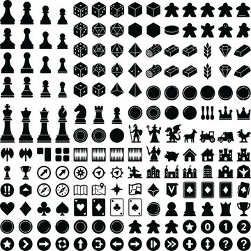 Comprehensive collection of game icons with dice cards board game pieces and various resources like wood stone wheat and gold bars for strategy game development kits.