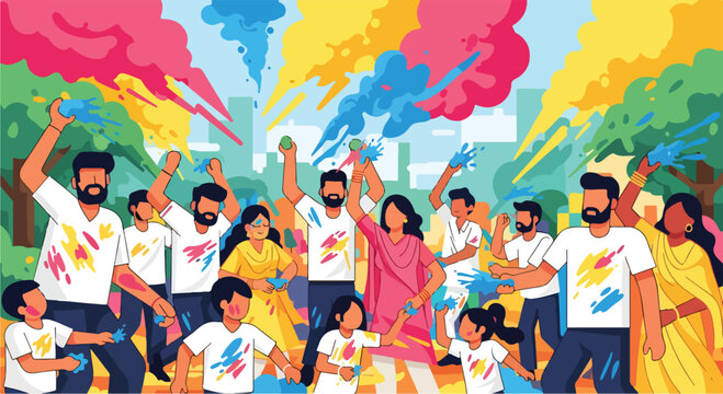 A vibrant celebration with people throwing colorful powders
