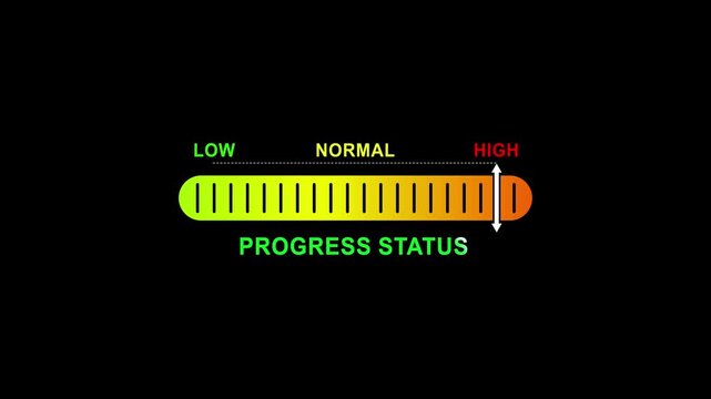 progress status level indicator scale. Low normal high meter infographic animation on black background. Showing high pressure level color gauge indicator.4k quality animation video