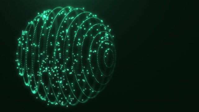 Green circular particle orb with glowing data rings on a dark technology background, futuristic digital visual for network systems, cyber design, and sci-fi screens.