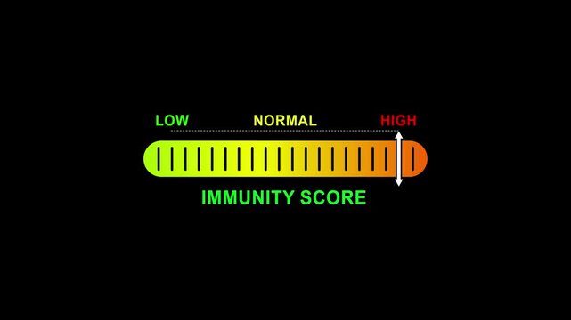 immunity score level indicator scale. Low normal high meter infographic animation on black background. Showing high pressure level color gauge indicator.4k quality animation video