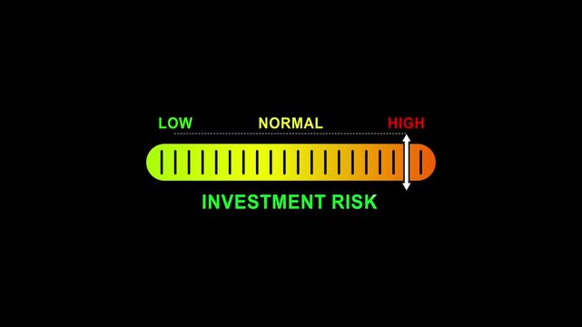 investment risk level indicator scale. Low normal high meter infographic animation on black background. Showing high pressure level color gauge indicator.4k animation video