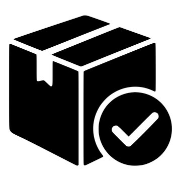 Package box with checkmark, black silhouette icon for delivered order, successful shipping and quality approval