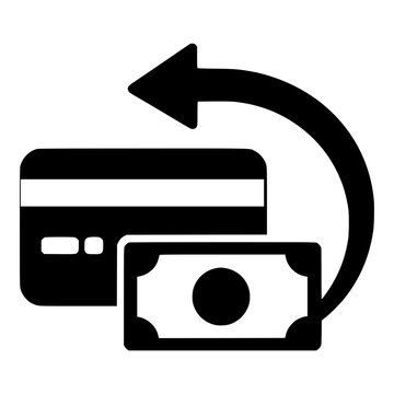 Credit card and banknote with return arrow, black silhouette icon for refund, cashback and money back payment