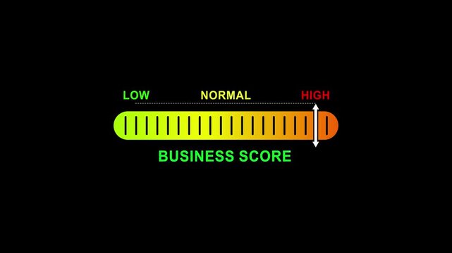 business score level indicator scale. Low normal high meter infographic animation on black background. Showing high pressure level color gauge indicator.4k animation video