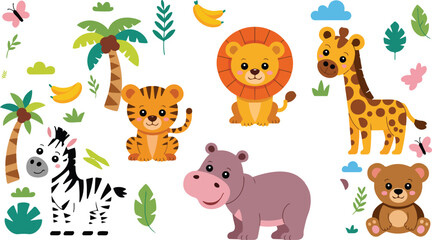  safari wildlife animal character collection with smiling zoo babies tropical leaves butterflies and banana fruits elements for kids nursery patterns © Quadra