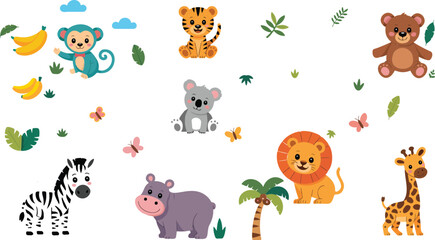  safari wildlife animal character collection with smiling zoo babies tropical leaves butterflies and banana fruits elements for kids nursery patterns © Quadra