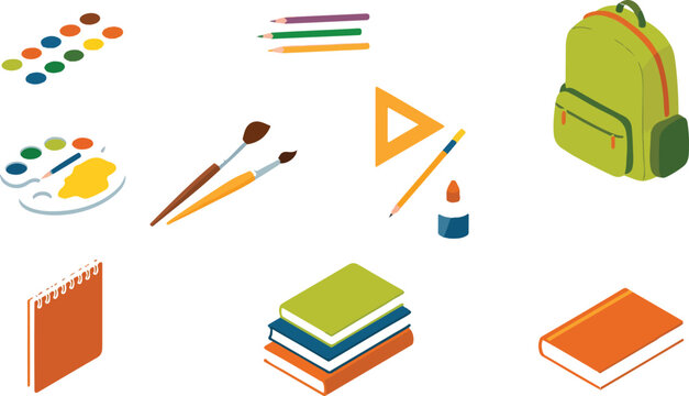 Back to school stationery clipart collection in isometric design style with watercolor paint palette student backpack books globe and creative writing tools