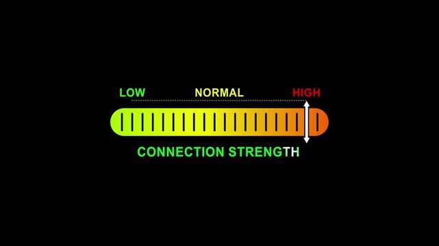 connection strength level indicator scale. Low normal high meter infographic animation on black background. Showing high pressure level color gauge indicator.4k animation video