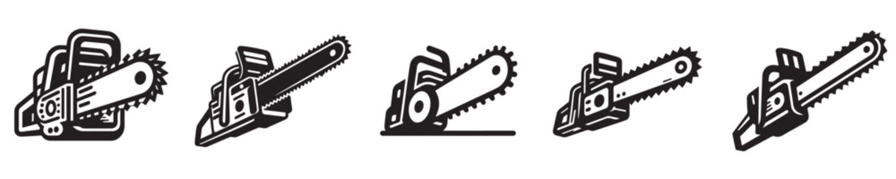 Minimalist chainsaw vector icons set of power tool line art for woodwork and lumberjack