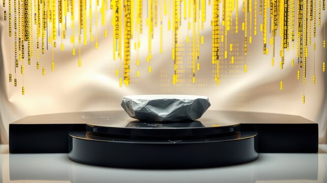 Dark stage spotlights rock formation. Golden binary code streams down backdrop. Dramatic presentation, sleek design, modern aesthetic.