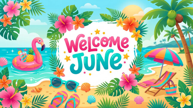 Welcome June lettering with tropical beach scene vibrant summer vacation concept with flamingo float and palm trees perfect for seasonal promotions
