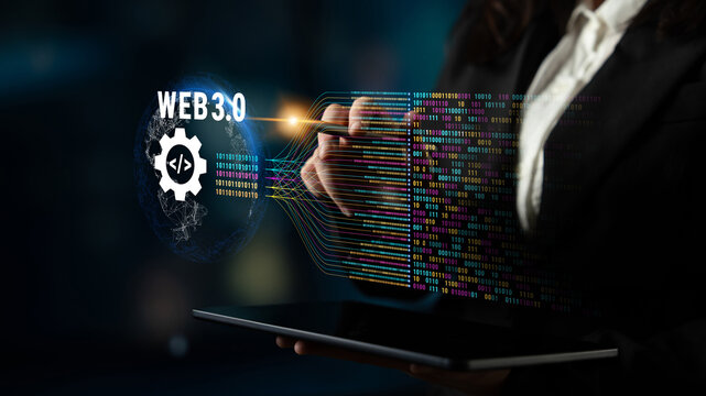 The concept of Web 3.0 development and decentralized data processing. The flow of binary code and information in the next generation internet. Motif