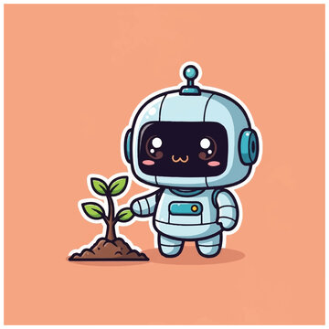 Cute Robot Planting Small Green Seedling.