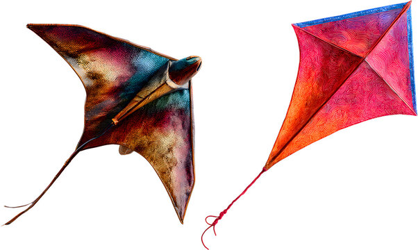 Two Colorful Devil Fish and Manta Ray Kites Soaring in Sky with Vibrant Watercolor Style Artistic Designs


