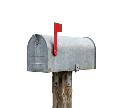 Vintage galvanized metal mailbox with red flag, classic rural post box on wooden pole, traditional american mail delivery container isolated on Transparent Background