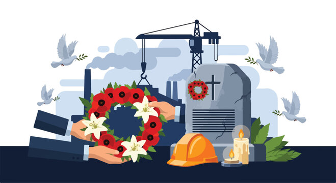 A solemn scene with a wreath, tombstone, and crane