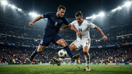 Naklejka premium Two professional football players competing for the ball during an intense match 