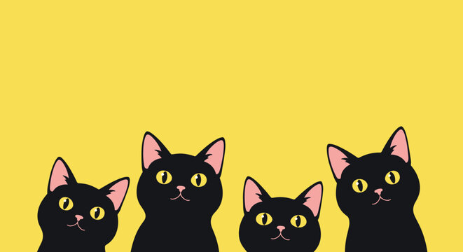 Row of four identical black kittens with bright yellow eyes peeking from the bottom edge on a yellow backdrop.