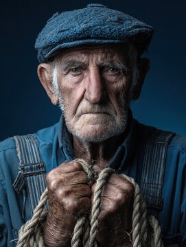Elderly ferryman holding ropes with a serious expression against a blue backdrop