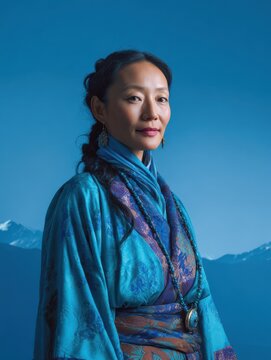 Tibetan woman in traditional chuba robe posing against blue gradient background