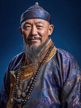 Mongolian man wearing traditional deel robe with blue background in studio
