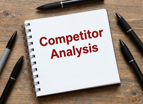 Spiral Bound Notebook Prominently Displayed In Center With Words Competitor Analysis Written Across Bold Red Font Background Wooden Surface Worn
