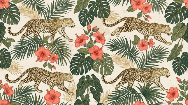 Seamless pattern of leopards and tropical foliage vintage floral jungle illustration for textile and wallpaper design exotic nature background