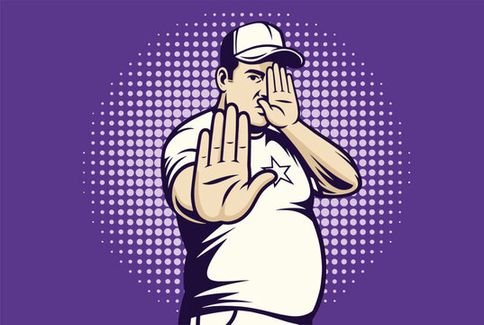 Man wearing a white t-shirt and baseball cap holds up his hand in a stop gesture against a purple halftone circular background in comic style.