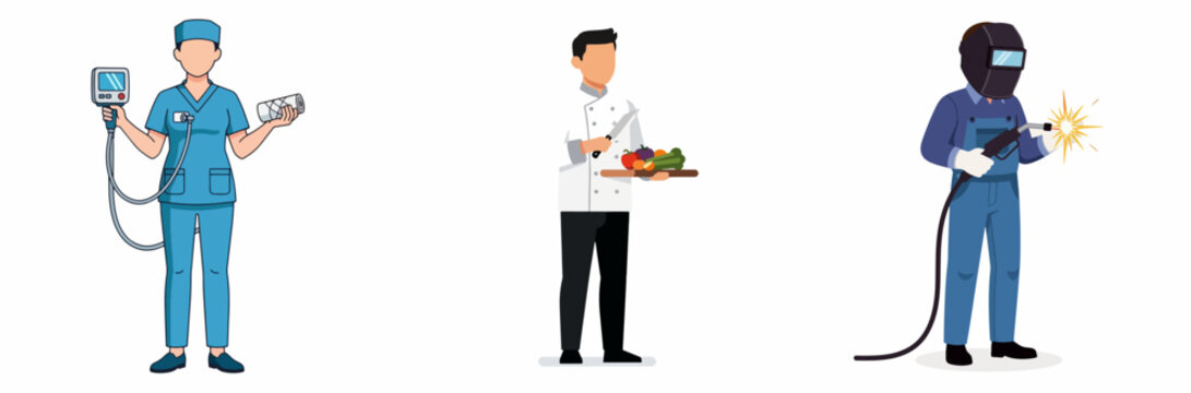 Three professionals in medical, culinary, and welding careers with tools