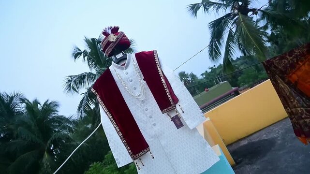 Traditional Indian Groom Wedding Attire with Sherwani, Turban and Mojari Display Before Marriage Ceremony