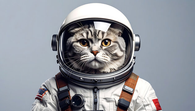 Scottish fold cat astronaut in a spacesuit with helmet and visor, exploring outer space, science fiction theme