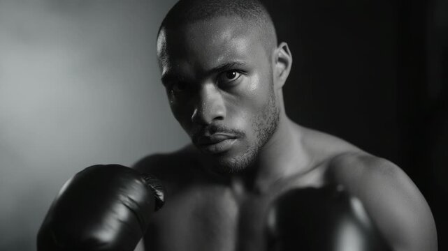 Intense Boxer Ready for Combat in Dramatic Black and White Lighting