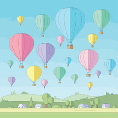 A colorful illustration of hot air balloons flying over a green landscape © Sanji